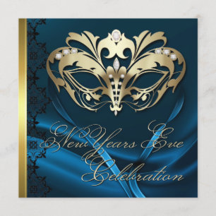 Gold Masquerade Mask Blue New Years Uitnodiging