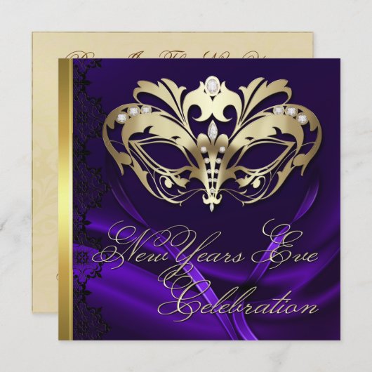 Gold Masquerade Mask Paarse New Years Uitnodiging (Voorkant / Achterkant)