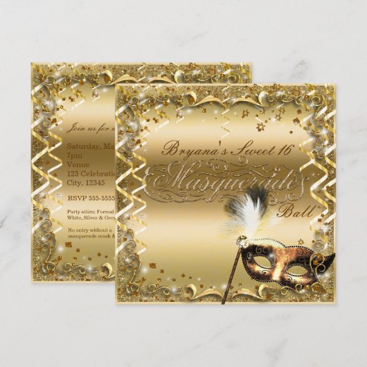 Gold Masquerade Masker Elegant Ball Birthday Party Kaart (Voorkant / Achterkant)