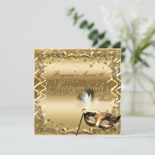 Gold Masquerade Masker Elegant Ball Birthday Party Kaart (Staand voorkant)