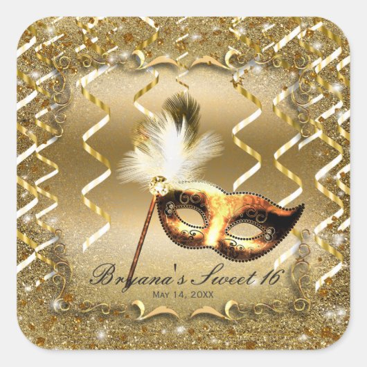 Gold Masquerade Masker Elegant Ball Birthday Party Vierkante Sticker (Voorkant)