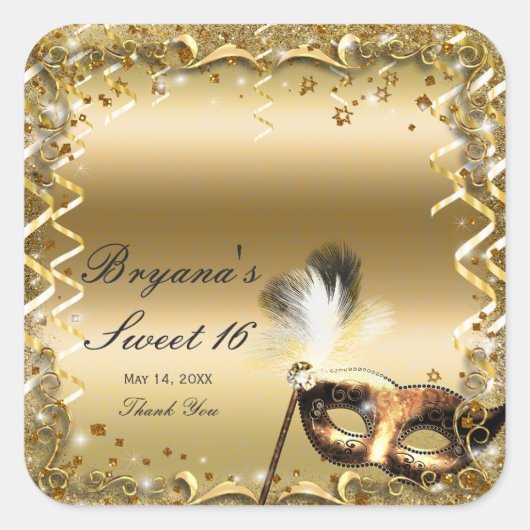 Gold Masquerade Masker Elegant Ball Birthday Party Vierkante Sticker (Voorkant)