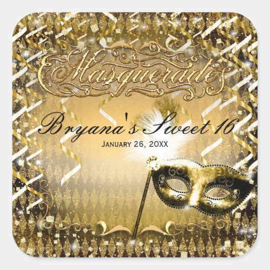 Gold Masquerade Masker Elegant Ball Birthday Party Vierkante Sticker (Voorkant)