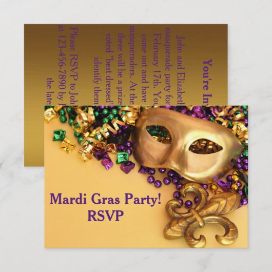 Gold Masquerade Masker Mardi Gras Uitnodiging (Voorkant / Achterkant)