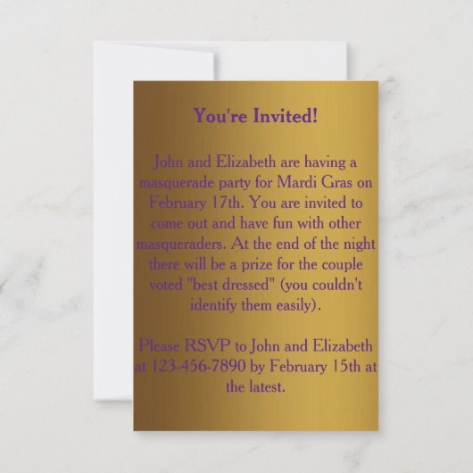 Gold Masquerade Masker Mardi Gras Uitnodiging (Achterkant)