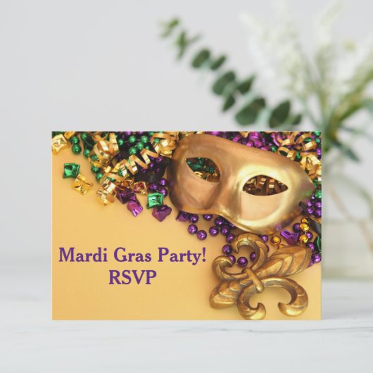 Gold Masquerade Masker Mardi Gras Uitnodiging (Staand voorkant)