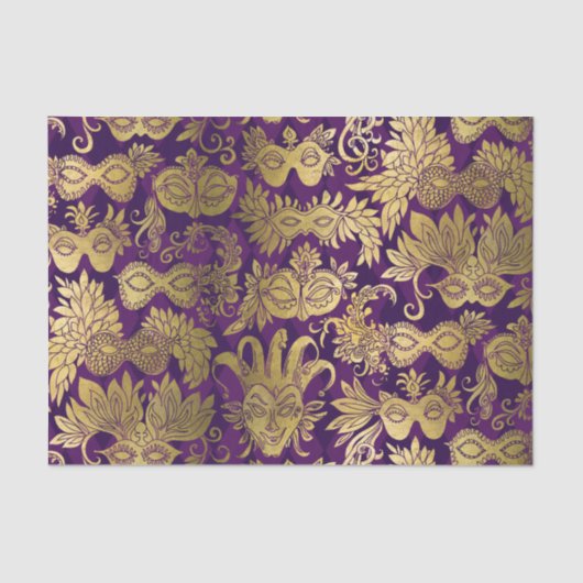 Gold Masquerade maskers op Paars patroon Tissuepapier (Voorkant)