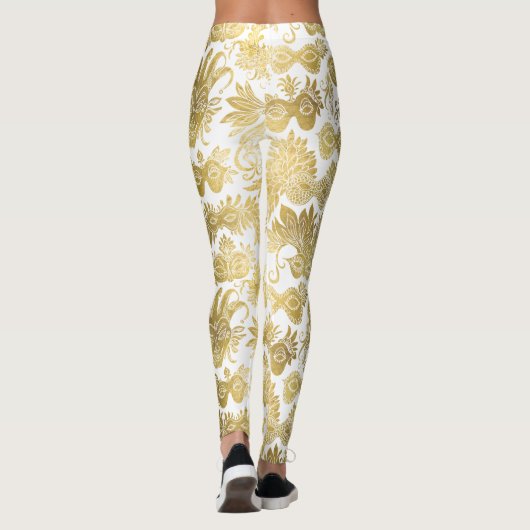 Gold Masquerade maskers op wit patroon Leggings (Achterkant)