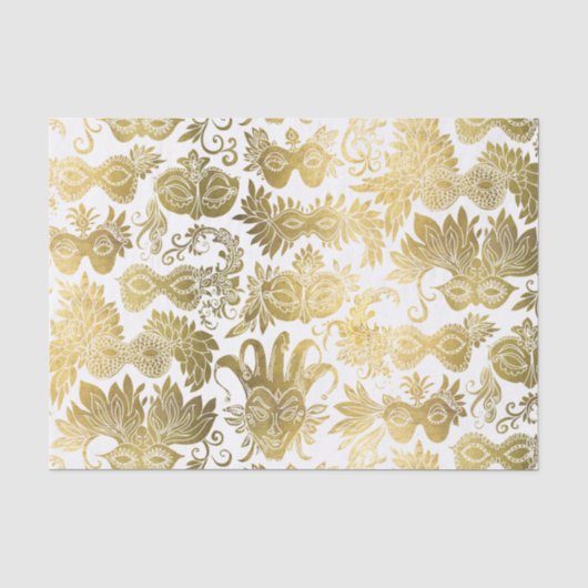 Gold Masquerade maskers op wit patroon Tissuepapier (Voorkant)
