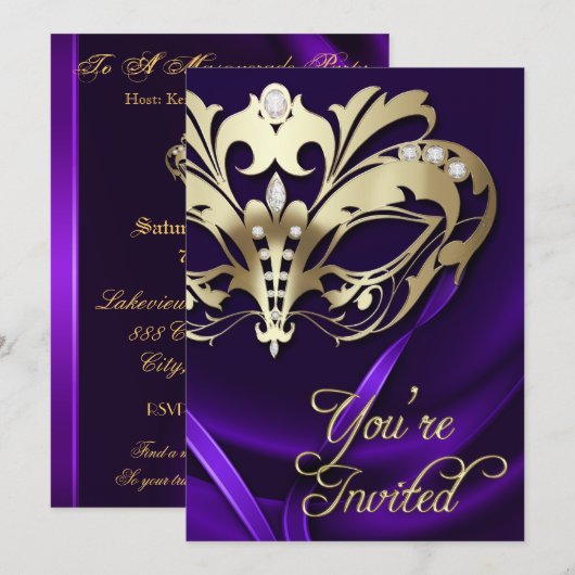 Gold Masquerade Paars Jeweled Party - Uitnodiging (Voorkant / Achterkant)