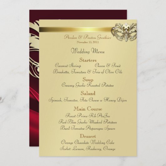 Gold Masquerade Red Jewel Wedding Menu (Voorkant / Achterkant)