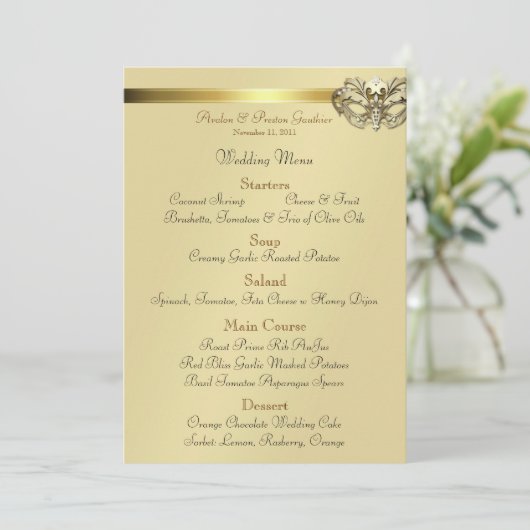Gold Masquerade Red Jewel Wedding Menu (Staand voorkant)