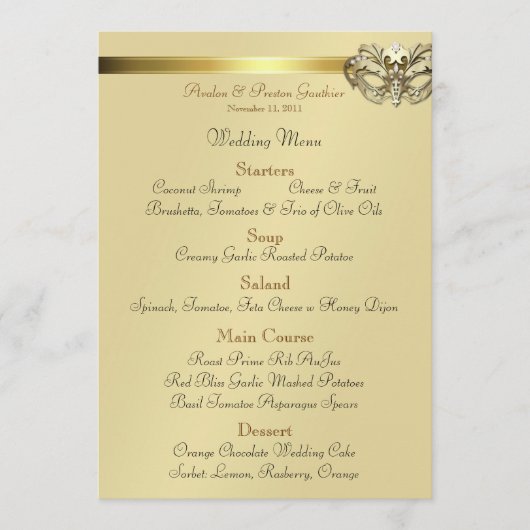 Gold Masquerade Red Jewel Wedding Menu (Voorkant)