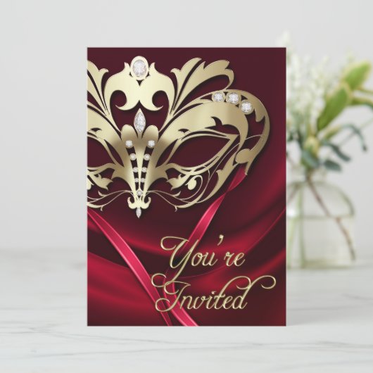 Gold Masquerade Red Jeweled Party - Uitnodiging (Staand voorkant)