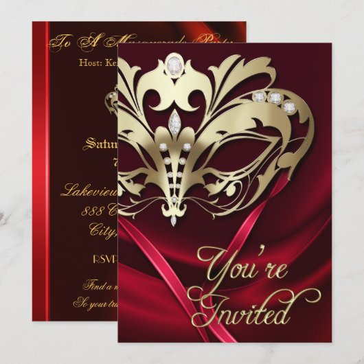 Gold Masquerade Red Jeweled Party - Uitnodiging (Voorkant / Achterkant)