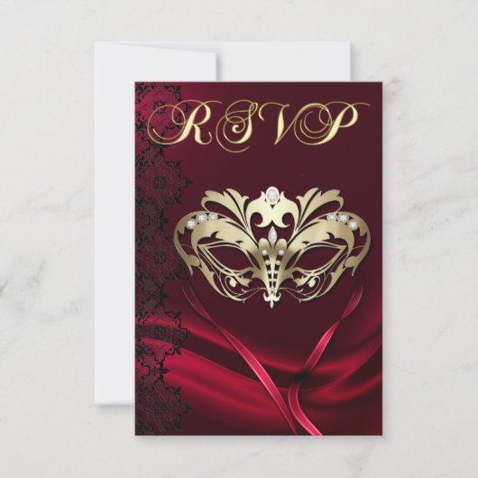 Gold Masquerade Red Jeweled RSVP Uitnodiging (Voorkant)