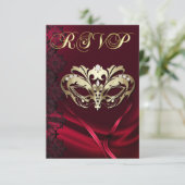 Gold Masquerade Red Jeweled RSVP Uitnodiging (Staand voorkant)
