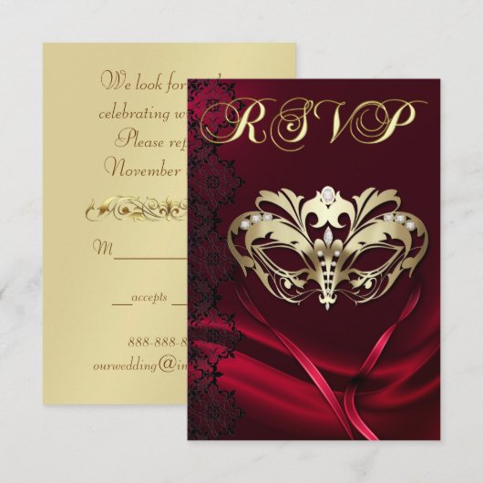 Gold Masquerade Red Jeweled RSVP Uitnodiging (Voorkant / Achterkant)