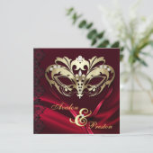 Gold Masquerade Red Jeweled Wedding Kaart (Staand voorkant)
