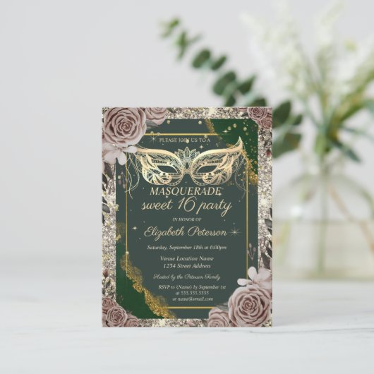 Gold Masquerade Roses Glitter Green Sweet 16  Kaart (Staand voorkant)
