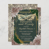 Gold Masquerade Roses Glitter Green Sweet 16  Kaart (Voorkant / Achterkant)