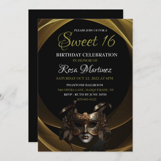 Gold Masquerade Sweet 16 Uitnodiging (Voorkant / Achterkant)