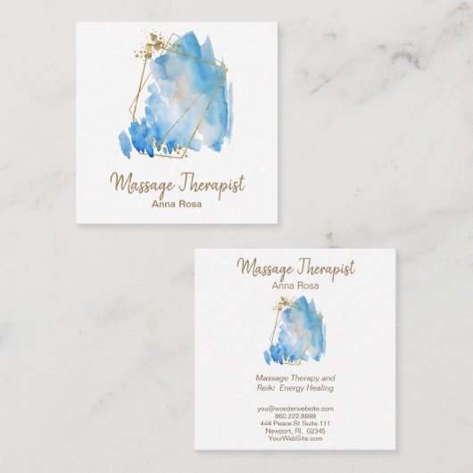 *~* Gold Massage Reiki Abstracte blauwe Waterverf Vierkante Visitekaartje (Voorkant / Achterkant)
