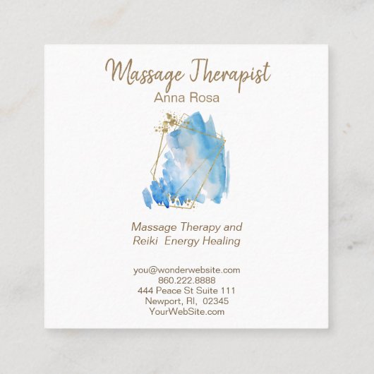 *~* Gold Massage Reiki Abstracte blauwe Waterverf Vierkante Visitekaartje (Achterkant)