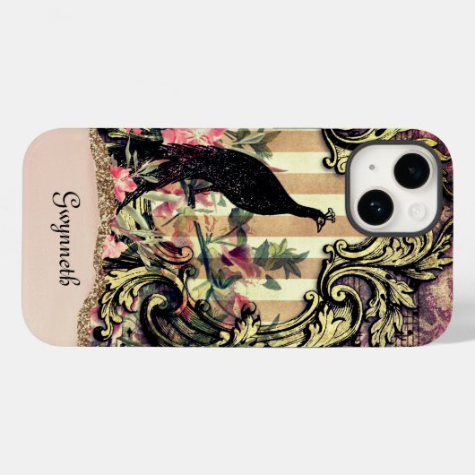  Gold Mauve en Black Peacock met naam Case-Mate iPhone Case (Achterkant (horizontaal))