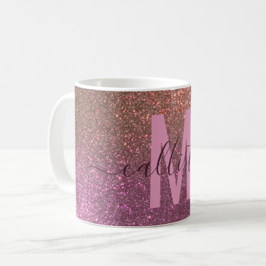 Gold Mauve Paars Sparkly Glitter Ombre Monogram Koffiemok (Voorkant links)