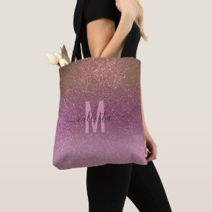 Gold Mauve Paars Sparkly Glitter Ombre Monogram Tote Bag