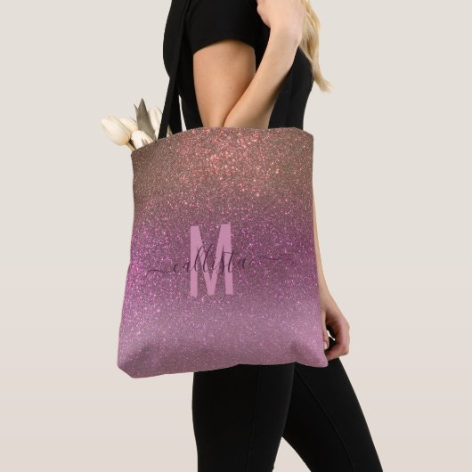 Gold Mauve Paars Sparkly Glitter Ombre Monogram Tote Bag (Dichtbij)