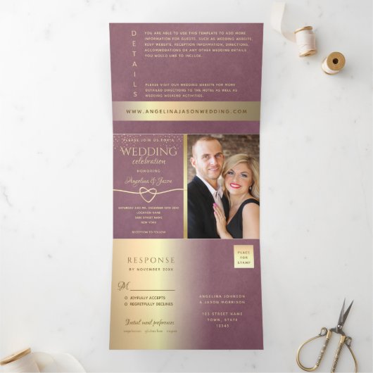 Gold Mauve Paars Wedding Drieluik Uitnodiging (Binnen)