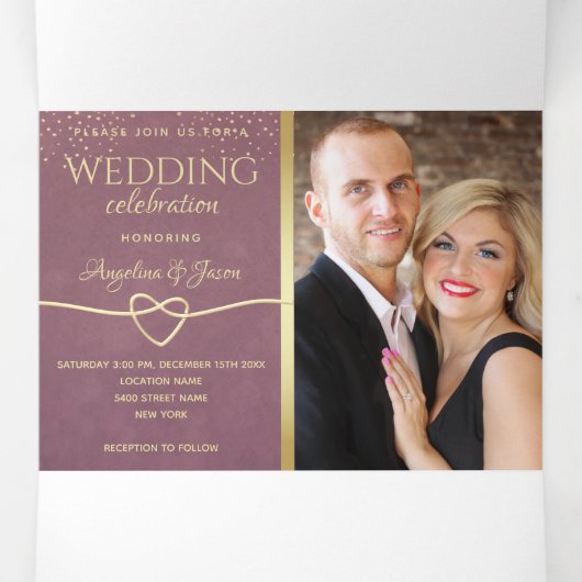 Gold Mauve Paars Wedding Drieluik Uitnodiging (Binnenkant midden)