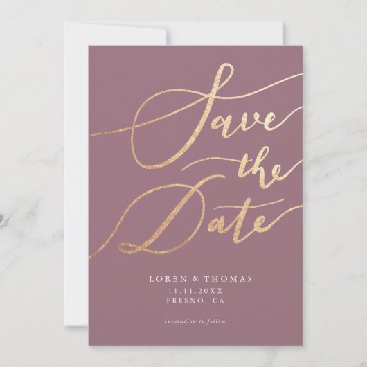 Gold Mauve Script Typografie Save The Date (Voorkant)