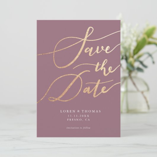 Gold Mauve Script Typografie Save The Date (Staand voorkant)