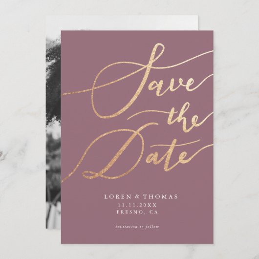 Gold Mauve Script Typografie Save The Date (Voorkant / Achterkant)