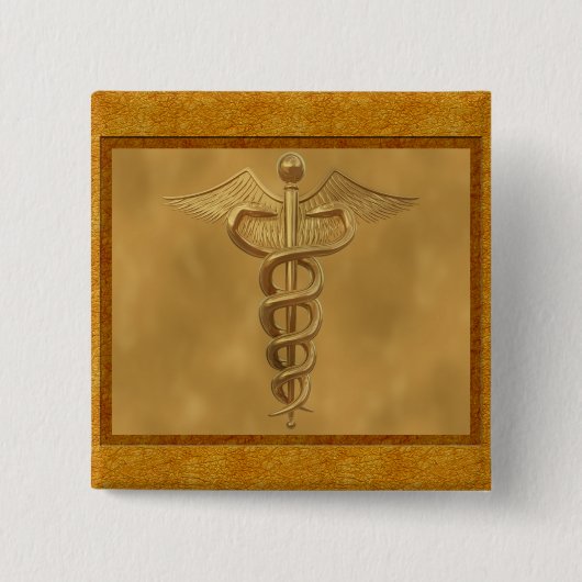 Gold Medical Caduceus Vierkante Button 5,1 Cm (Voorkant)