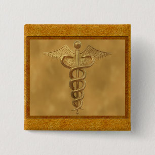 Gold Medical Caduceus Vierkante Button 5,1 Cm