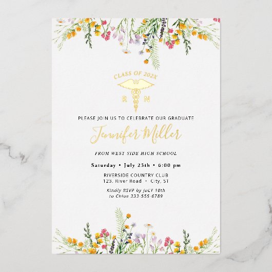 Gold Medical Nursery Afstuderen Wilde bloemen Folie Uitnodiging (Voorkant)