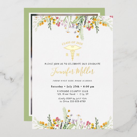 Gold Medical Nursery Afstuderen Wilde bloemen Folie Uitnodiging (Voorkant / Achterkant)