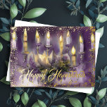 Gold Menorah Happy Chanoeka Paarse Folie Feestdagenkaart<br><div class="desc">Gold Menorah Happy Chanoeka</div>