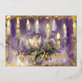 Gold Menorah Happy Chanoeka Paarse Folie Feestdagenkaart (Voorkant)