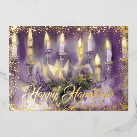 Gold Menorah Happy Chanoeka Paarse Folie Feestdagenkaart (Voorkant)
