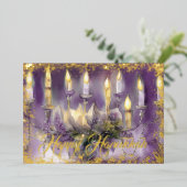 Gold Menorah Happy Chanoeka Paarse Folie Feestdagenkaart (Staand Voorkant)