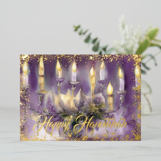 Gold Menorah Happy Chanoeka Paarse Folie Feestdagenkaart (Staand Voorkant)