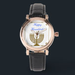 Gold Menorah Horloge<br><div class="desc">Vrouwen perfecte vierkante zwart lederen bandhorloge met een afbeelding van een gouden menora in een gouden lijst met gouden sterren van David,  en optioneel vakantiegevoel. Zie bijpassende vierkante knop,  vierkante bedel en vierkante dubbelzijdige acryl sleutelhanger. Zie het gehele Chanoeka Watch collectie onder de categorie ACCESSOIRES in de sectie FEESTDAGEN.</div>