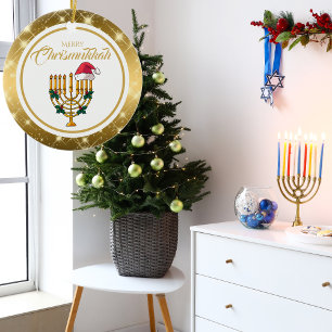 Gold Menorah Santa Chanoeka Merry Chrismukkah Keramisch Ornament