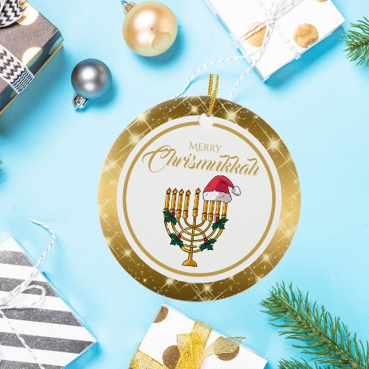 Gold Menorah Santa Chanoeka Merry Chrismukkah Keramisch Ornament