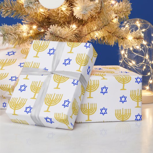 Gold Menorahs + Blue Stars Cadeaupapier (Feestdagen)